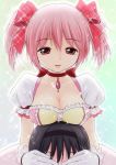  akemi_homura breast_rest breasts breasts_on_head cleavage covering covering_eyes covering_face gloves hair_ribbon hairband highres kaname_madoka mahou_shoujo_madoka_magica pink_eyes pink_hair ribbon short_hair smile sparkle twintails 