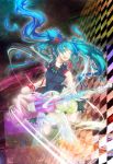  aqua_eyes aqua_hair bad_id checkered dress earrings guitar hatsune_miku instrument jewelry long_hair necklace open_mouth solo twintails very_long_hair vocaloid 
