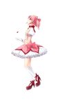  blush choker dress gloves high_heels highres itou_nanami kaname_madoka kneehighs looking_up magical_girl mahou_shoujo_madoka_magica pink_eyes pink_hair profile red_eyes shoe_ribbon shoes short_hair simple_background smiling socks soul_gem tears twintails white_gloves white_legwear 