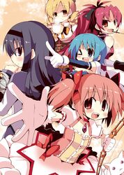  akemi_homura amagi_nanateru blush bow_(weapon) cup foreshortening kaname_madoka kyubey magical_girl mahou_shoujo_madoka_magica miki_sayaka multiple_girls outstretched_hand pointing sakura_kyouko smile teacup tenjou_nanaki tomoe_mami weapon wink 