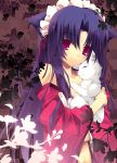  animal_hug bare_shoulders bust cat cat_ears flower japanese_clothes leaf long_hair maid_headdress mizuki_(pixiv2254368) navel original pink_eyes purple_eyes smile solo violet_eyes white_cat 