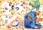  absurdres alternate_hairstyle anklet bare_legs barefoot blush breasts cleavage feet green_eyes green_hair hair_up highres japanese_clothes jewelry kimono kochiya_sanae legs nail_polish off_shoulder sakazuki sayori smile solo touhou 