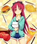  :t apple bad_id bag blush crepe croissant eating food fruit hamburger long_hair mahou_shoujo_madoka_magica navel paper_bag pocky ponytail red_eyes red_hair redhead sakura_kyouko shorts solo taiyaki tsuchifumazu wagashi 