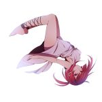  arched_back bare_legs barefoot cross-laced_footwear kudou_(90n) magi_the_labyrinth_of_magic morgiana pink_eyes pink_hair short_hair side_ponytail simple_background sleeveless solo upside-down 