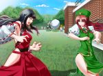  akimichi armpits bare_hips bare_legs bare_shoulders battle black_hair braid breasts broom detached_sleeves fighting_stance grass hat hong_meiling kirisame_marisa large_breasts legs long_hair m.u.g.e.n multiple_girls nontraditional_miko original red_hair redhead sendai_hakurei_no_miko side_slit sideboob star thief thighs time_paradox touhou tree twin_braids wall 