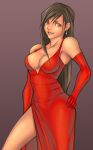  breasts brown_eyes brown_hair cleavage dress earrings elbow_gloves evening_gown final_fantasy final_fantasy_vii gloves highres jewelry large_breasts legs long_hair no_bra oppai side_slit simple_background slender solo thighs tifa_lockhart 