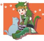  :d ahoge animal_ears belt brown_eyes cat cat_ears cat_tail green_hair happy headband kemonomimi_mode kingyomorattayo long_hair male messy_hair open_mouth pants paws sitting smile solo tail tales_of_(series) tales_of_rebirth tytree_crowe 