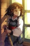  brown_hair gilse japanese_clothes kendo kendo_armor lowres official_art shinai sita_vilosa solo sunbeam sunlight sword sword_girls weapon window yellow_eyes 