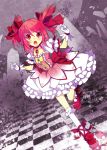  bow bubble_skirt checkered checkered_floor dress gloves hair_bow jewelry kaname_madoka magical_girl mahou_shoujo_madoka_magica necklace open_mouth pink_dress pink_hair red_eyes running shirokitsune shoes short_hair solo tears tile_floor tiles twintails white_gloves 