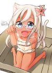  1girl animal_ears blonde_hair blue_eyes box cat_ears cat_tail glasses highres in_box in_container kantai_collection long_hair nekobaka open_mouth paw_pose ro-500_(kantai_collection) solo tail tan tanline 