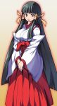  arcana_heart black_hair brown_eyes exis hair_ribbon hakama hands_clasped japanese_clothes kasuga_maori long_hair miko payot ribbon smile solo very_long_hair 