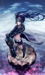  arm_cannon bad_id belt black_rock_shooter black_rock_shooter_(character) boots cape highres qin scar shorts solo standing stitches twintails weapon 