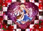  alice_(wonderland) alice_in_wonderland apron artist_request basket blonde_hair blue_eyes bow bunny dress flower hairband keki kneeling long_hair rabbit red_eyes red_rose rose smile white_rose 