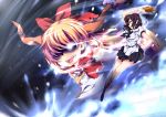  bare_legs battle black_hair blonde_hair fan fang giantess glowing glowing_eyes hair_over_one_eye hat highres horn_ribbon horns ibuki_suika long_hair multiple_girls open_mouth orange_hair pointy_ears red_eyes ribbon shaded_face shameimaru_aya short_hair sinchi skirt smile tokin_hat touhou 