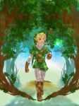  blonde_hair blue_eyes boots earrings fairy forest gloves hat highres huruiti jewelry link male nature navi nintendo ocarina_of_time pointing pointy_ears shadow sword the_legend_of_zelda tree tree_shade tunic walking weapon 
