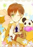  aya_tori bad_id bag bread brown_hair bunny candy dog food green_eyes hand_puppet ooyama_(angel_beats!) panda paper_bag puppet rabbit school_uniform short_hair wink 