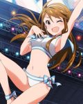  &gt;;d 1girl ;d ahoge arm_up armpits blue_eyes breasts brown_hair dancing headset idolmaster idolmaster_million_live! long_hair looking_at_viewer navel official_art one_eye_closed open_mouth sailor_collar sailor_swimsuit_(idolmaster) smile solo tokoro_megumi 