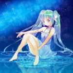  barefoot dress feet full_body green_hair hair_ribbon hatsune_miku long_hair nakoumi_kokoro reflection ribbon ripples sitting solo twintails very_long_hair vocaloid water 