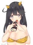  1girl black_eyes black_hair breasts cleavage horns long_hair sakofu solo sushi 