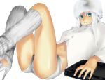  bad_id blue_eyes copyright_request dvd_player fur_hat hat high_heels leg_warmers legs lying midriff navel shiromi_(ringo) shoes short_shorts shorts simple_background solo white white_background white_hair 