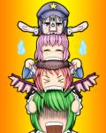  &gt;_&lt; animal_ears antennae beret bird_wings biting blue_eyes blue_hair blush closed_eyes earrings fang flat_gaze food_chain ghost green_hair hat head_biting highres human_tower jewelry jiangshi miyako_yoshika multiple_girls mystia_lorelei ofuda outstretched_arms pink_hair saigyouji_yuyuko sharp_teeth short_hair spirits star teeth tk8d32 totem_pole touhou wings wriggle_nightbug 