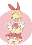  annaka_(nichijou) annaka_haruna blonde_hair bow closed_eyes hair_bow nichijou official_style panties pantyshot school_uniform shirika short_hair smile solo underwear white_panties 