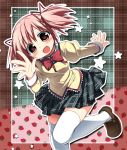  1girl hair_ribbon kaname_madoka loafers mahou_shoujo_madoka_magica nagayama_yuunon pink_hair plaid ribbon sakuraboshi_sora school_uniform shoes short_hair short_twintails skirt smile star tartan thigh-highs thighhighs twintails waving zettai_ryouiki 