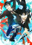  ao_no_exorcist black_hair blue_eyes brothers fangs fire formal glasses jiku_(0128hirosi) multiple_boys necktie okumura_rin okumura_yukio open_mouth pointy_ears siblings striped striped_necktie suit sword tail weapon 