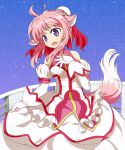  ahoge animal_ears bare_shoulders dog_days dog_ears dog_tail dress frills gloves highres millhiore_f_biscotti open_mouth payot pink_hair pobii purple_eyes ribbon short_hair smile solo star_(sky) starry_sky tail violet_eyes white_gloves 