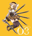  beret blonde_hair boots buzz corset detached_sleeves drill_hair dual_wielding gun hat light_smile magical_girl mahou_shoujo_madoka_magica number numbers rifle simple_background thigh-highs thighhighs tomoe_mami twin_drills weapon yellow_eyes zettai_ryouiki 