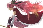  bare_shoulders boots detached_sleeves floating_hair gori hand_on_knee long_hair magical_girl mahou_shoujo_madoka_magica polearm ponytail profile red_eyes red_hair redhead sakura_kyouko simple_background solo thighhighs weapon 