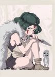  1girl armband bare_legs brown_eyes brown_hair cape earrings facepaint facial_mark full_body fur fur_cape grass headband holding_knife horikoshi jewelry kodama mononoke_hime necklace san short_hair studio_ghibli 