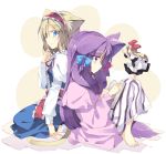  2girls alice_margatroid alternate_hairstyle animal_ears apron barefoot black_dress blonde_hair blue_dress blue_eyes book bow capelet cat_ears cat_tail doll dress hair_bow hair_ornament hairband kemonomimi_mode long_hair long_sleeves looking_at_another looking_at_viewer multiple_girls no_hat open_book patchouli_knowledge profile purple_hair satou_kibi shanghai_doll short_hair simple_background sitting smile striped striped_dress tail touhou vest violet_eyes waist_apron 