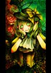  absurdres adapted_costume alternate_costume brooch bust cravat crazy_eyes flower green_eyes green_hair green_rose grin hands_on_face hands_on_own_face hat highres jewelry kido5899 komeiji_koishi lips red_rose rose smile solo touhou 