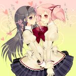  akemi_homura black_hair blush hair_in_mouth hairband heart kaname_madoka long_hair mahou_shoujo_madoka_magica multiple_girls pink_eyes pink_hair purple_eyes school_uniform short_hair tomohide twintails violet_eyes yuri 