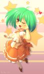  bow dress fang green_hair macross macross_frontier open_mouth purdoy25 ranka_lee red_eyes short_hair smile solo thigh-highs thighhighs 