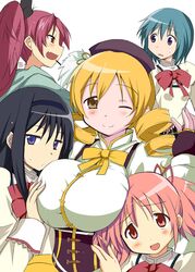  akemi_homura aoi_manabu beret blonde_hair blue_hair blush breasts drill_hair hat kaname_madoka large_breasts long_hair magical_girl mahou_shoujo_madoka_magica miki_sayaka multiple_girls official_style pink_hair ponytail sakura_kyouko school_uniform short_hair smile thigh-highs thighhighs tomoe_mami twin_drills twintails wink yellow_eyes 