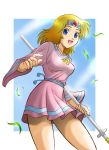  :d ankh bdsm blonde_hair blue_eyes bondage character_request fujii_satoshi happy headband oldschool open_mouth polearm short_hair sister_(ultima_iii) skirt smile solo ultima ultima_iii:_exodus ultima_kyoufu_no_exodus weapon 