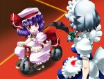  bat_wings blood blood_on_clothes bloody_clothes blue_dress blue_hair blush braid child dress fang hat izayoi_sakuya maid multiple_girls nosebleed open_mouth pink_dress raionsan red_eyes remilia_scarlet silver_hair touhou tricycle wings 