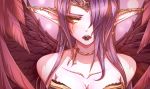  1girl bare_shoulders beancurd breasts chocolate cleavage collar collarbone highres jewelry league_of_legends long_hair morgana open_mouth purple_hair simple_background wings 