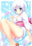  blush breasts grey_eyes japanese_clothes jigoku_sensei_nube kimono payot sandals sarico short_hair short_kimono sitting smile snowflakes solo white_hair yukime yukime_(jigoku_sensei_nube) 