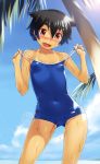  :d black_hair blush cloud collarbone copyright_request fang flat_chest legs lens_flare one-piece_swimsuit oohara_kyuutarou open_mouth red_eyes short_hair sky smile solo strap_pull swimsuit tan tanline tree undressing wet 