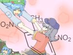  :3 blue_hair blush chemical_structure chemistry closed_eyes dinitrotoluene eyes_closed fang geung_si hair_bobbles hair_ornament hand_holding hat holding_hands imagining jiangshi kawashiro_nitori kch miyako_yoshika multiple_girls ofuda open_mouth outstretched_arms pun science smile swinging thought_bubble touhou trinitrotoluene twintails 