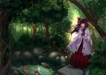  1girl black_hair bow carp forest hair_bow hair_tubes hakama hakurei_reimu japanese_clothes lake long_hair miko nature solo sougishi_ego touhou tree water wide_sleeves 