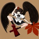  arm_up black_hair black_legwear black_wings breasts brown_hair fan geta hat red_eyes renku shameimaru_aya short_hair solo tokin_hat touhou wings 