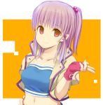  1girl breasts fingerless_gloves gloves hair_bobbles hair_ornament looking_at_viewer purple_hair red_eyes simple_background smile solo toshiya 