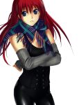  blue_eyes breasts cleavage copyright_request corset crossed_arms elbow_gloves fingerless_gloves gloves long_hair red_hair redhead scarf shiromi_(ringo) simple_background solo 
