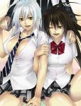 arm_grab bad_id breasts brown_eyes brown_hair cleavage hand_holding hand_on_shoulder happy holding_hands large_breasts legs long_hair natsume_aya natsume_maya necktie open_clothes open_shirt school_uniform shiromi_(ringo) shirt skirt tenjou_tenge white_hair wince 
