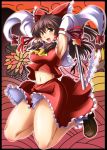  :d armpits arms_up ascot bare_legs blush border bow breasts brown_eyes brown_hair detached_sleeves gohei hair_bow hair_tubes hakurei_reimu hanafuda large_breasts loafers long_hair midriff miko navel no_bra no_panties open_mouth outside_of_border shin'en_(gyokuro_company) shinryoku_(j-1) shoes sideboob skirt smile solo touhou windowboxed 