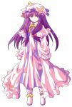  1girl alphes_(style) bow crescent dairi dress hair_bow hat long_hair looking_at_viewer parody patchouli_knowledge purple_hair simple_background smile solo style_parody touhou violet_eyes white_background 